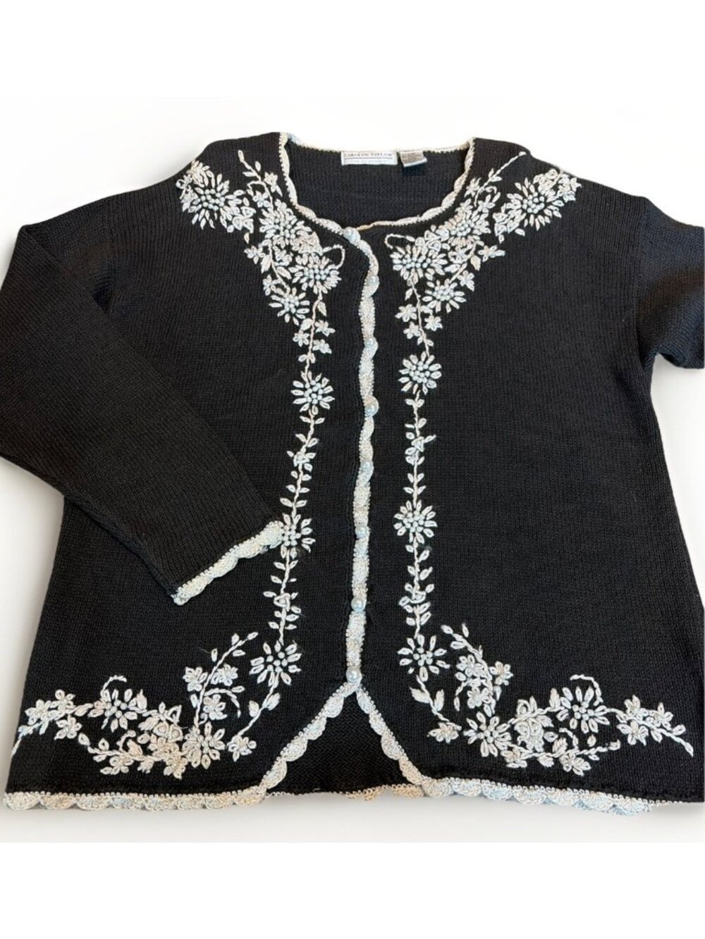 Carolyn Taylor Black Cardigan with White Embroidered Floral Trim